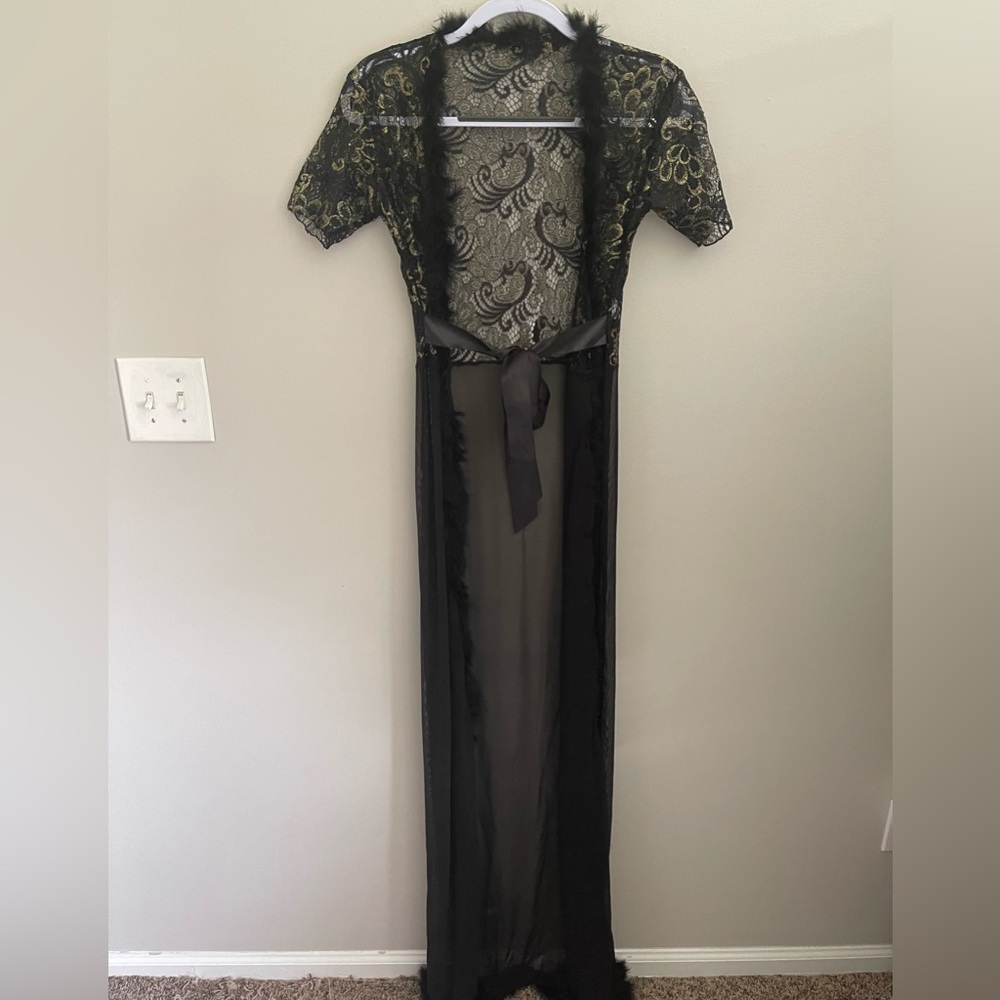 Sheer and Lace Floor Length Feather Robe